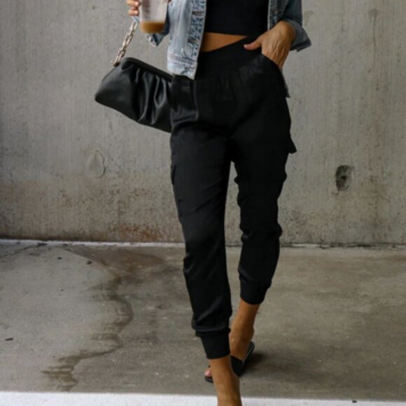 Luxe Look Satin Pocketed High Waist Joggers - Black - Picture 2 of 12